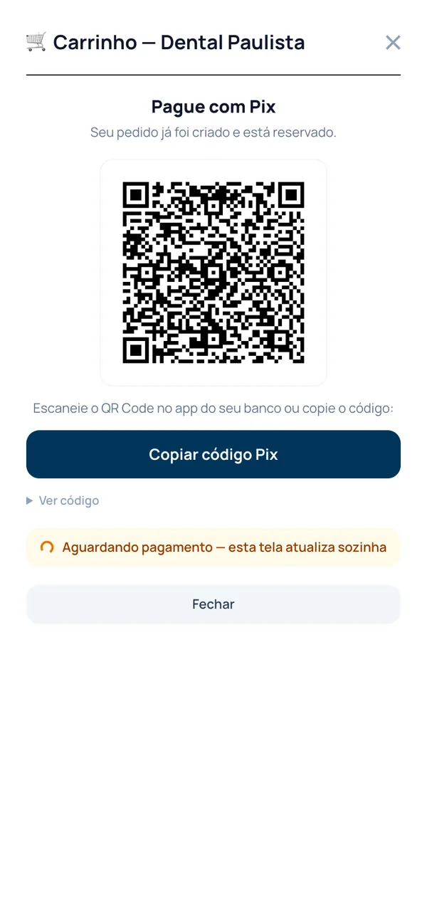 Tela de pagamento por Pix com QR Code