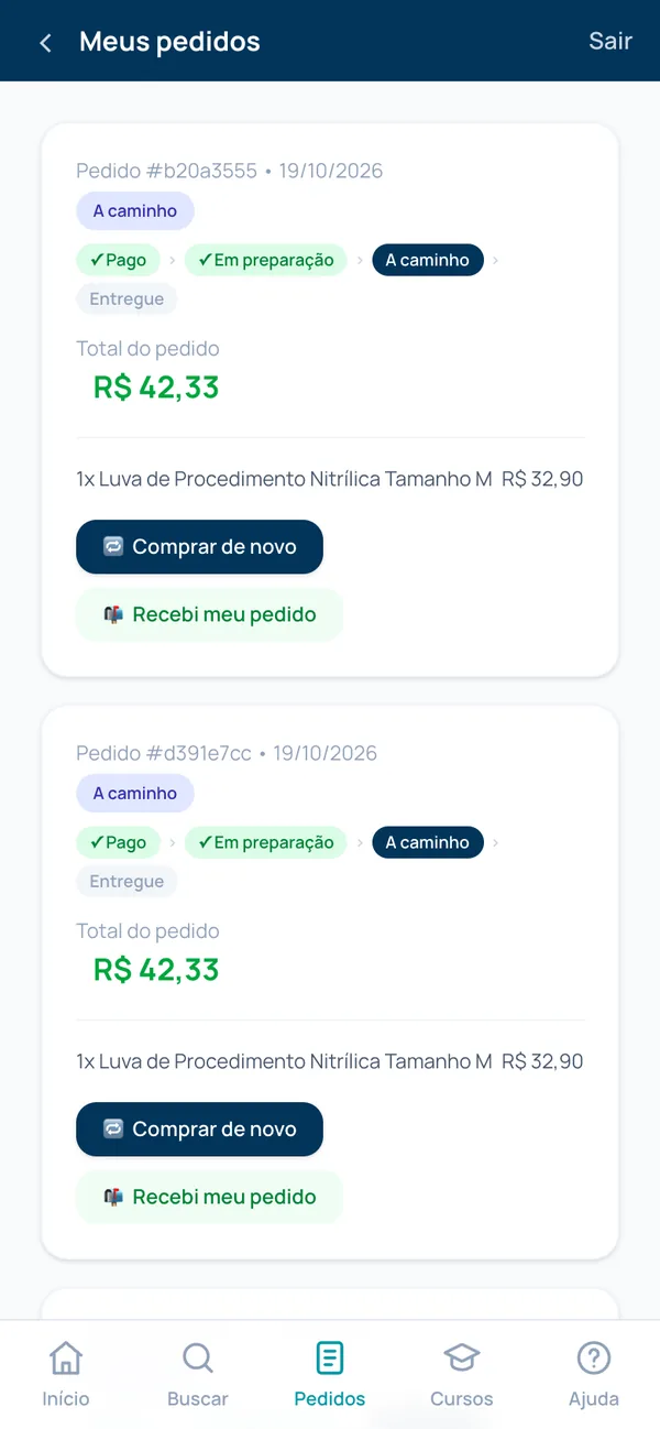 Acompanhamento dos pedidos com as etapas pago, em preparação e a caminho