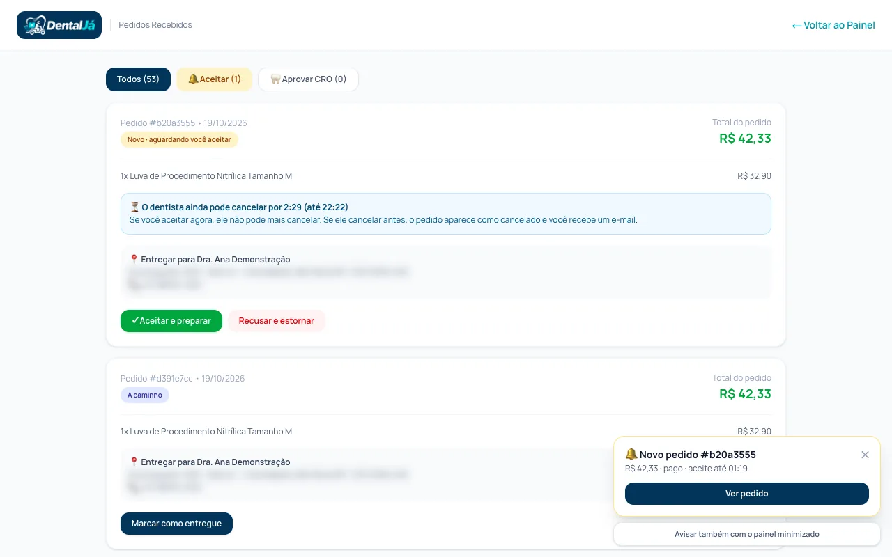 Painel da distribuidora recebendo um pedido novo, com aviso na tela